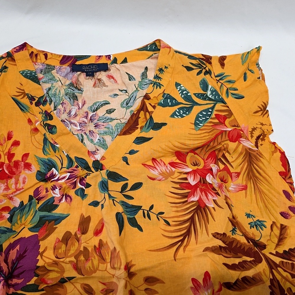 Rachel Roy Top Womens 1X Yellow Tropical Floral Linen Blend Tank Ruffle Sleeve